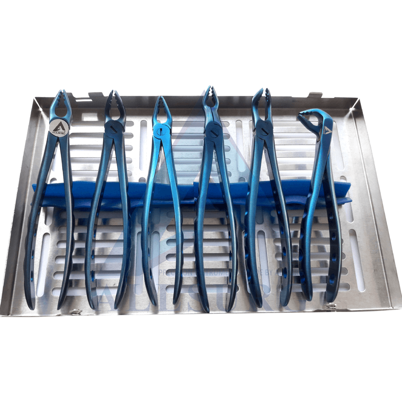 EXTRACTION FORCEPS SET OF 6 IN CASSETTE BLUE